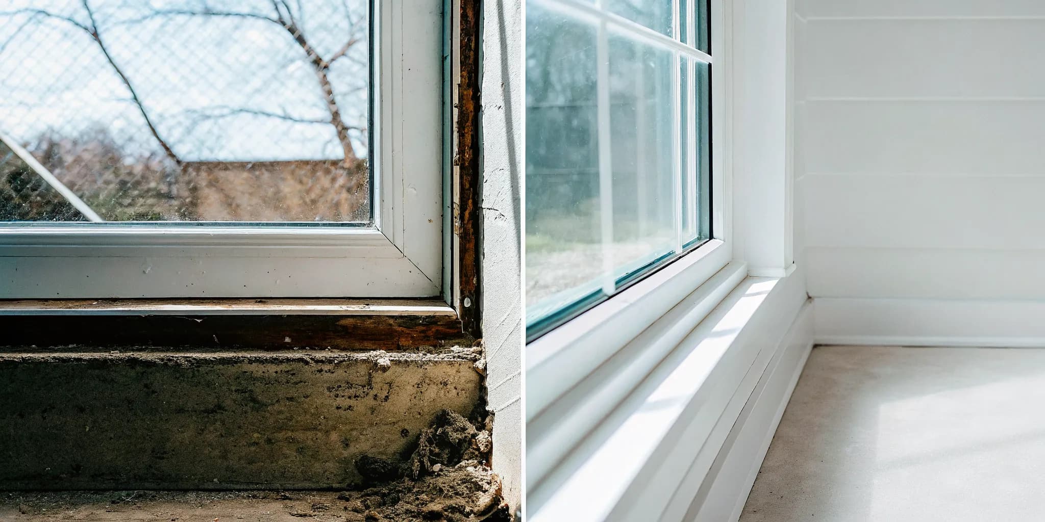 Comparison of an old rusty basement window and a new energy-efficient basement window installation