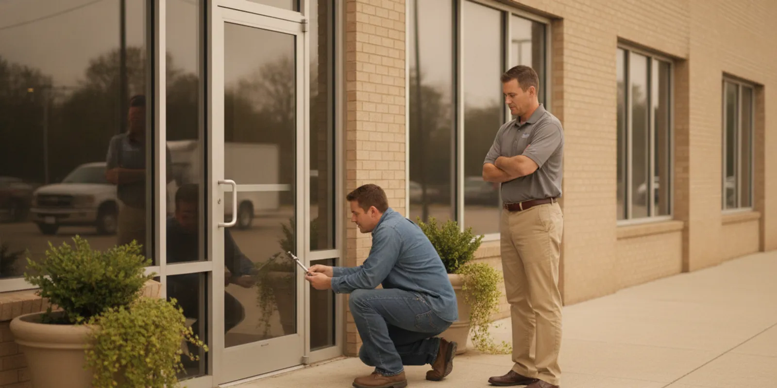 Commercial building entrance with a technician assessing a metal door in daylight
