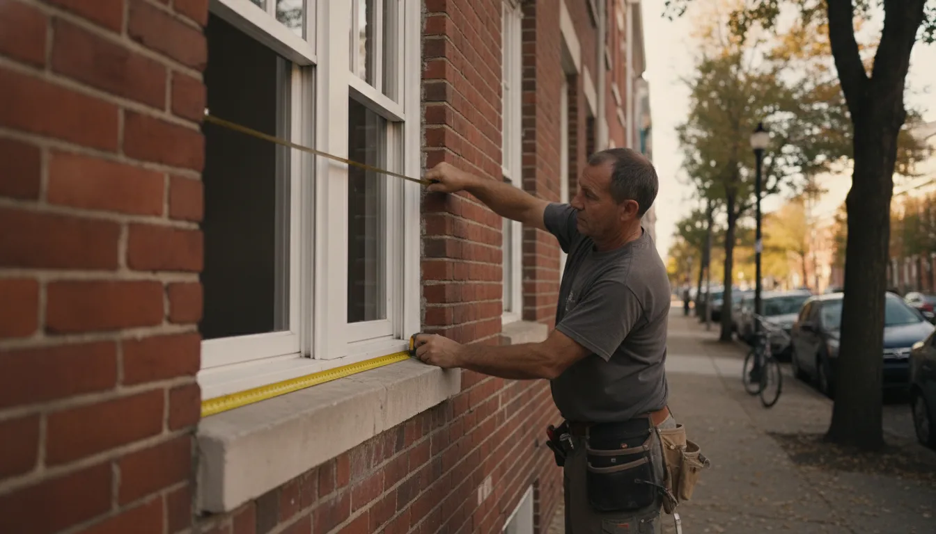 Installers measuring a double-hung window opening on a Philadelphia rowhome