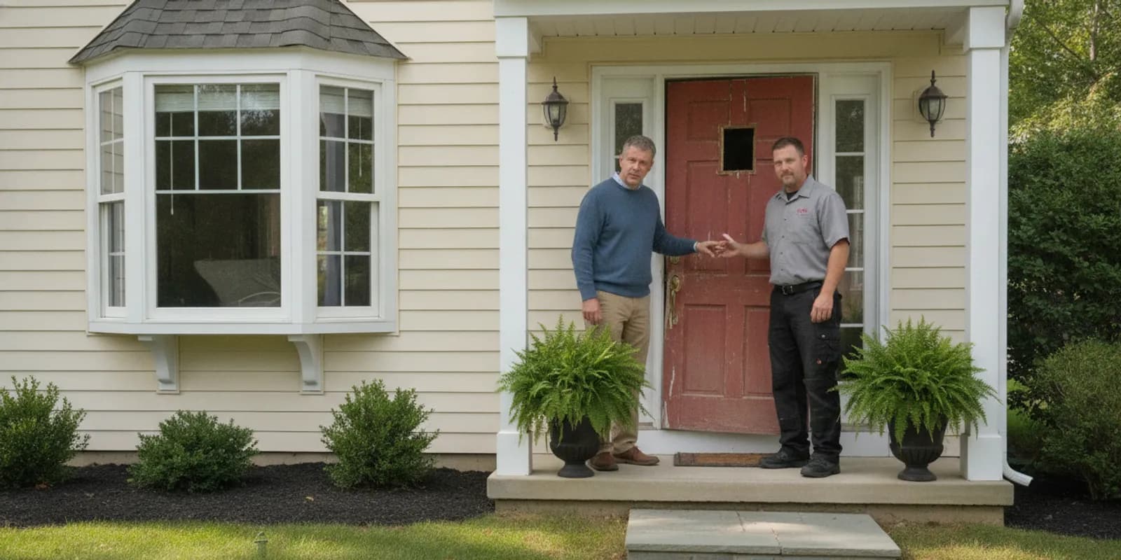 A homeowner examines a damaged residential entry door while planning emergency door replacement with a professional outside the home