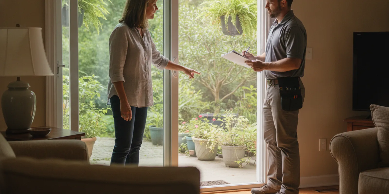 Homeowner and installer reviewing a patio door replacement opening