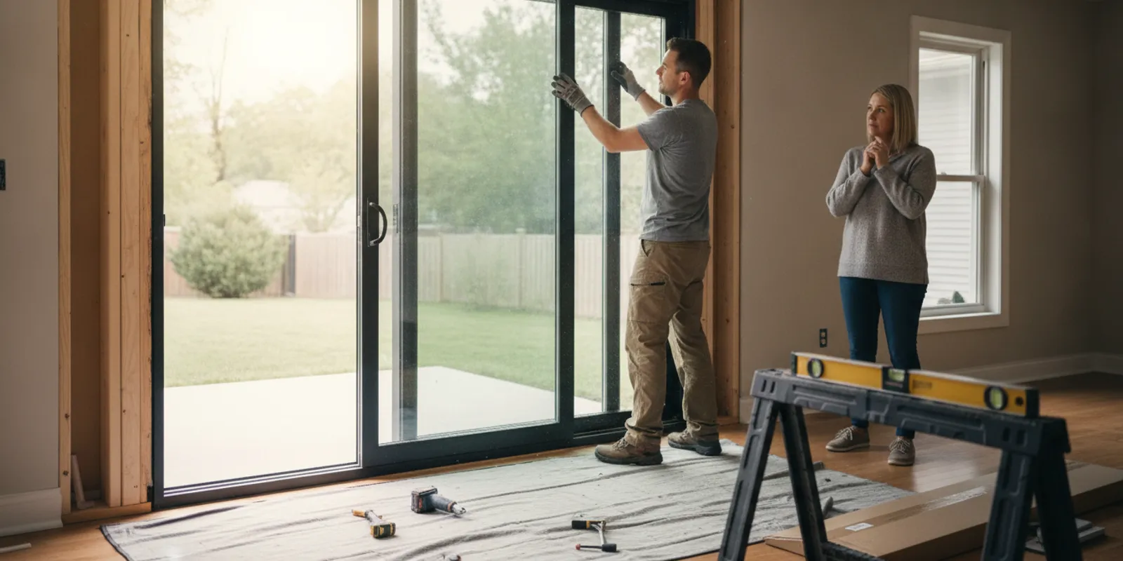 Installer checking the fit of a sliding patio door in a bright home