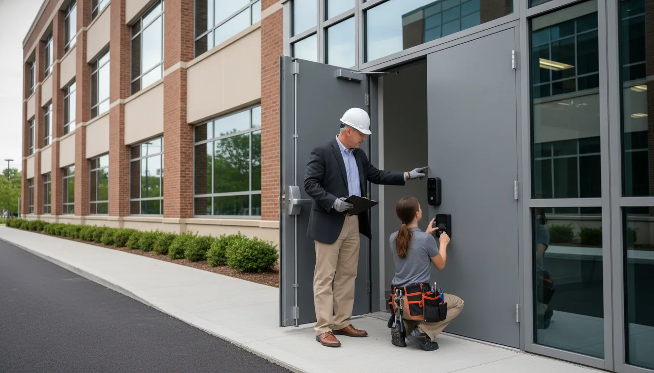 Technician inspecting commercial security door upgrades in South Jersey