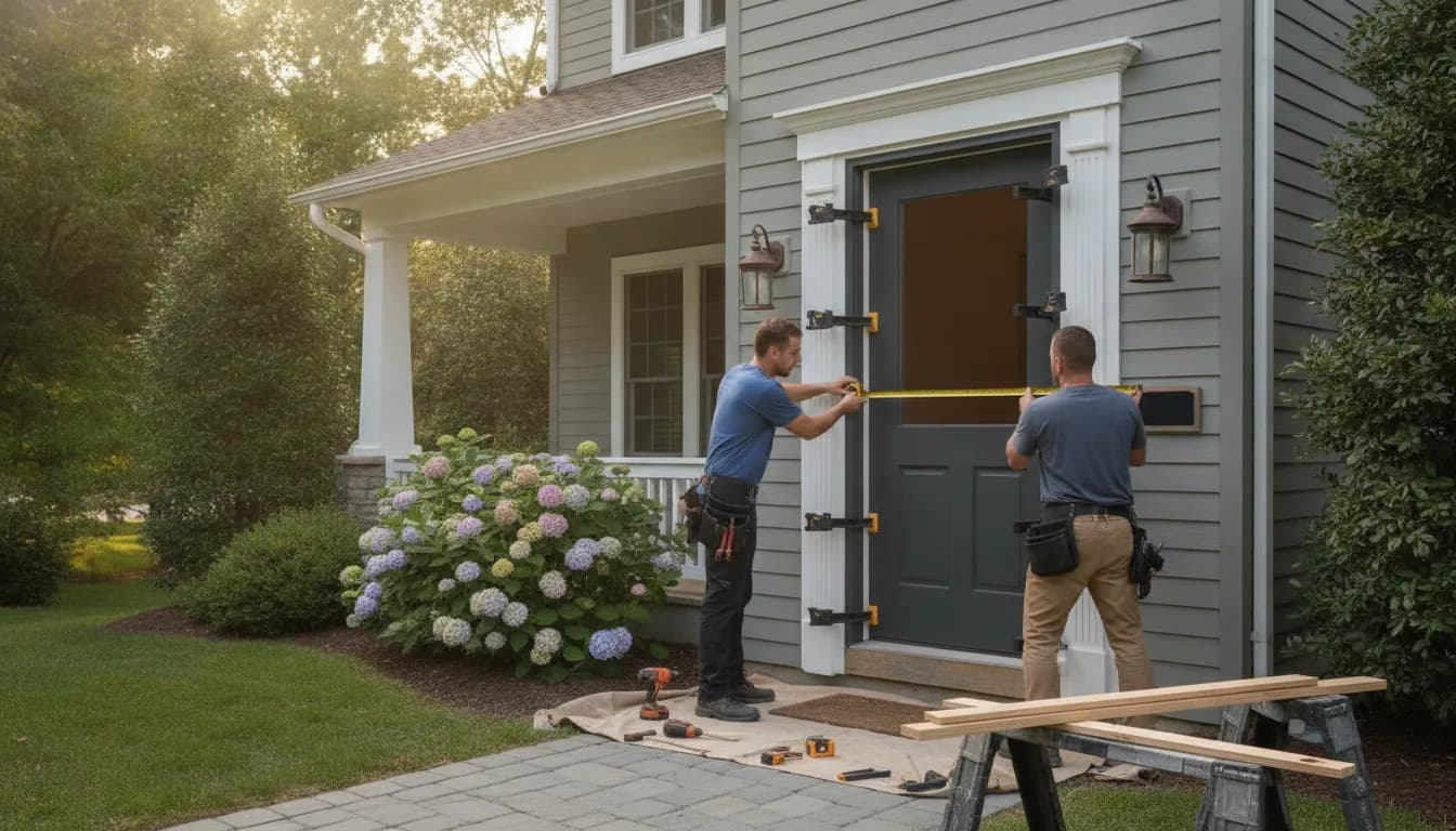 Contractor installing a new front entry door on a suburban home