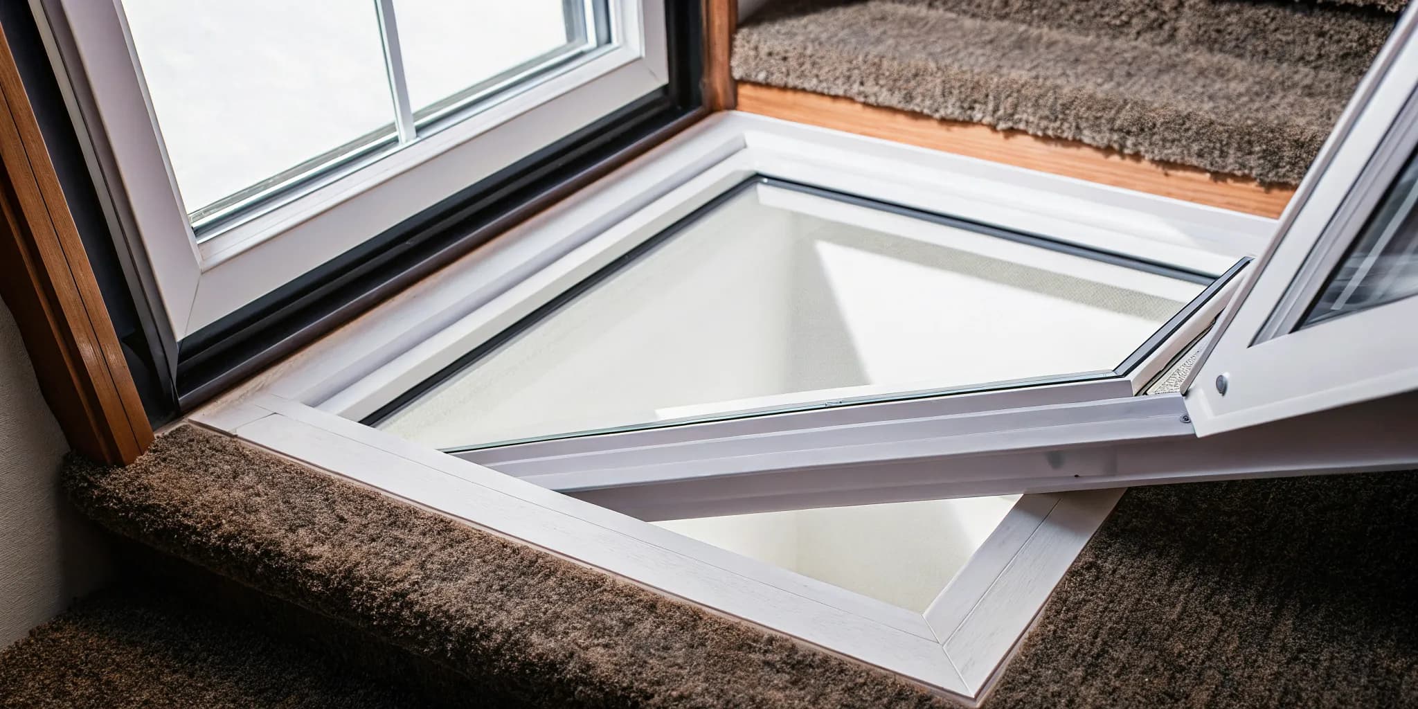 Newly installed basement egress window showing bright natural light in a finished basement room