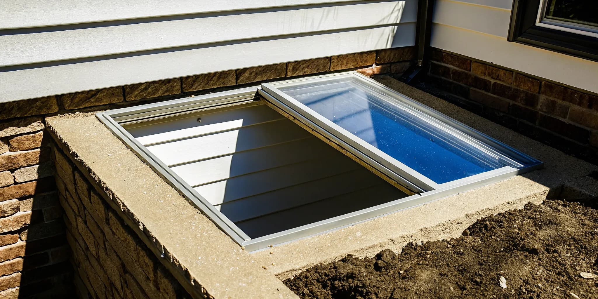 Professional egress window well installation with metal well against brick foundation