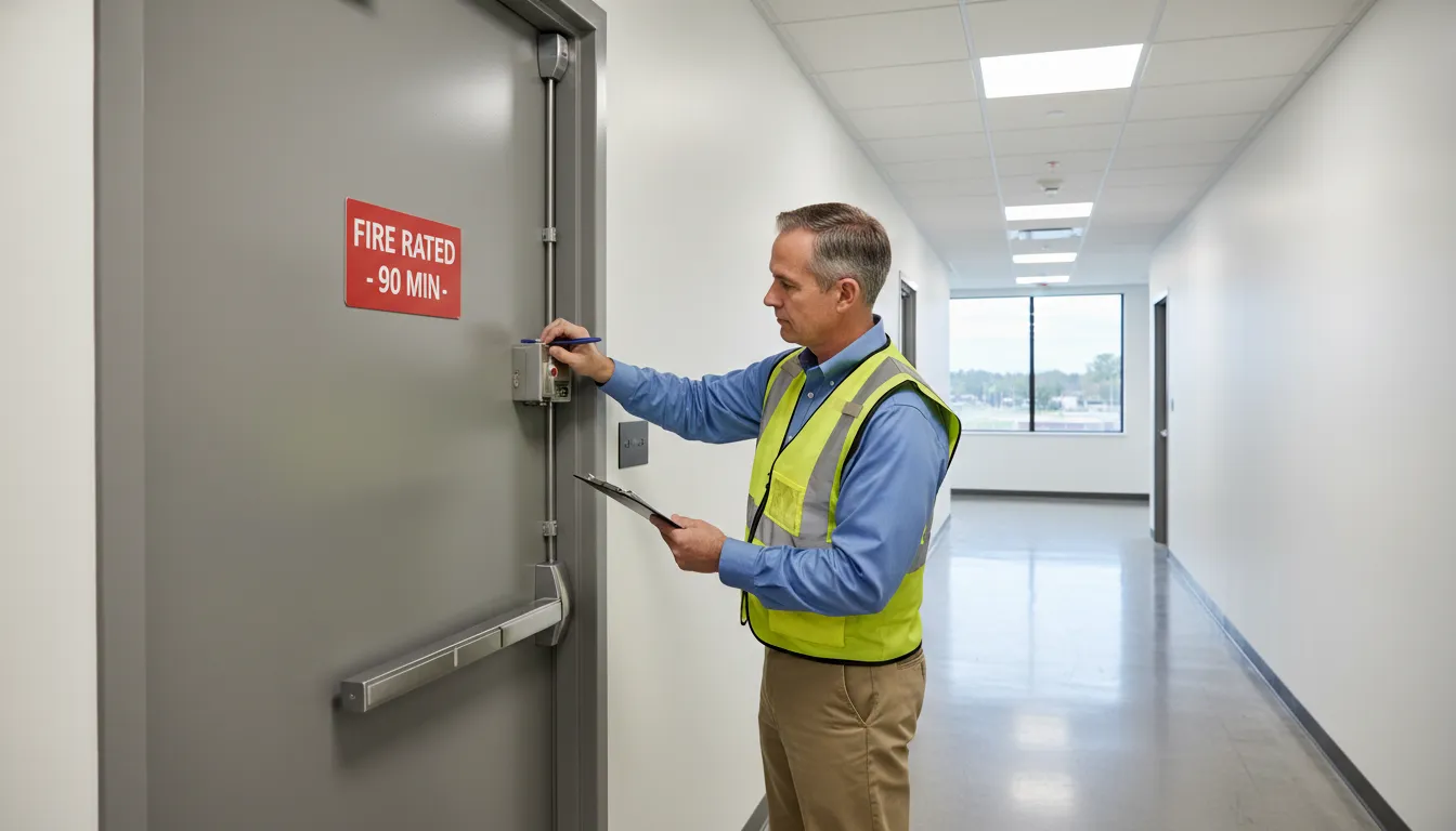 Facility manager completing fire rated door maintenance NJ inspection checks