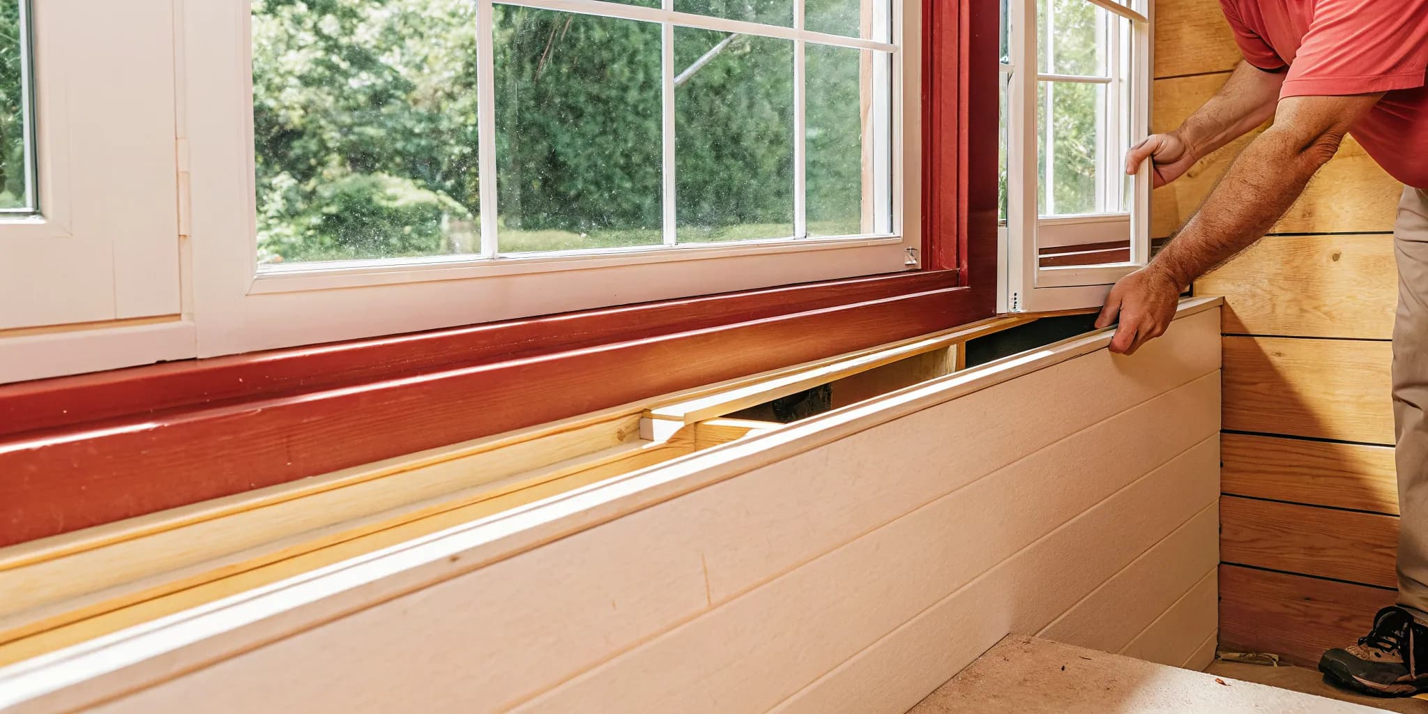 A professional egress window installation underway in a residential basement