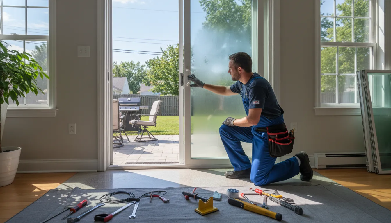 Technician evaluating sliding patio door glass replacement NJ options