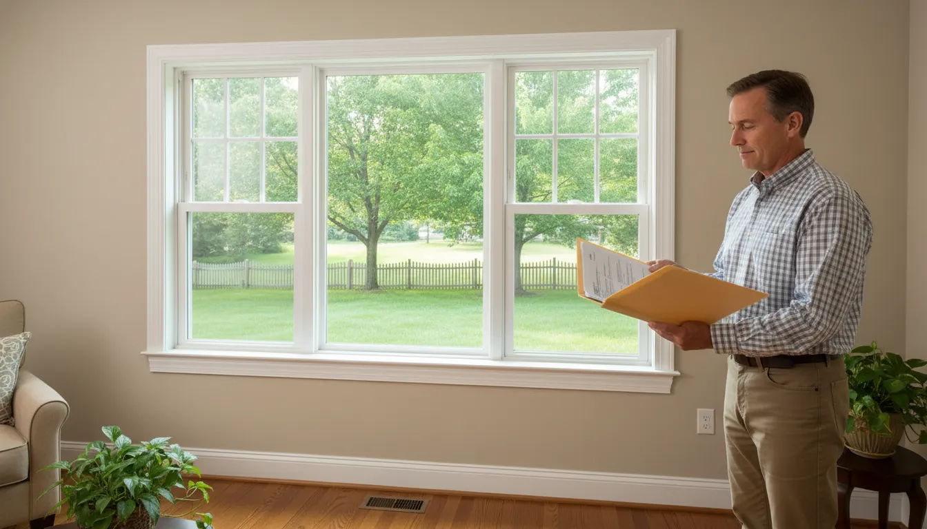 New Jersey homeowner reviewing window replacement incentive records beside an energy-efficient window