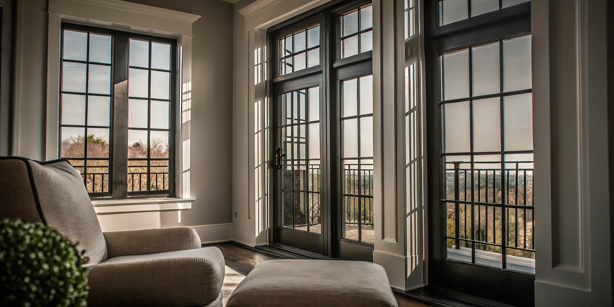 Bright living room with black window frames
