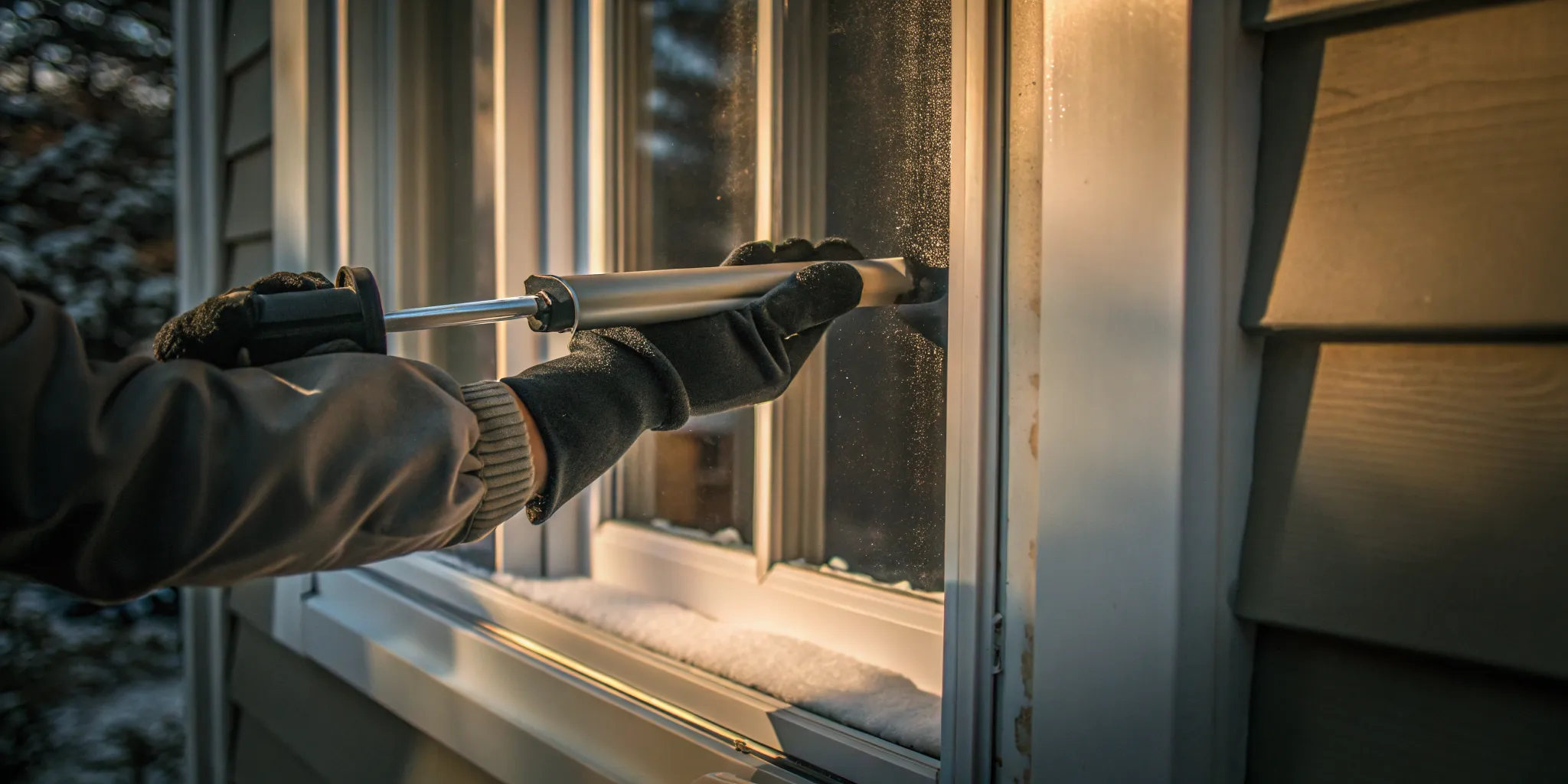 Installer applying cold-weather sealant around a replacement window