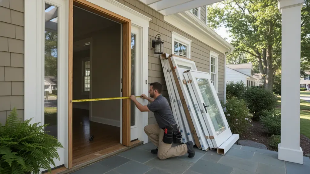 Door installer measuring a front entry opening while reviewing door installation cost NJ factors
