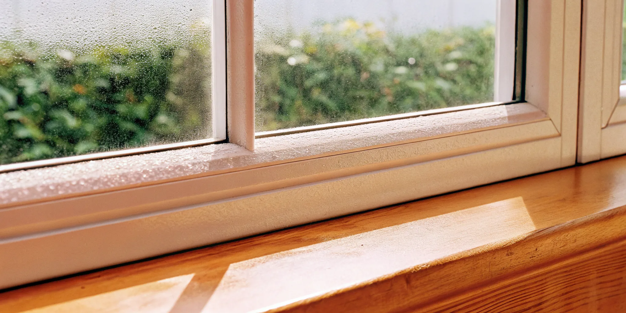 Condensation trapped between panes of a foggy insulated glass window in New Jersey