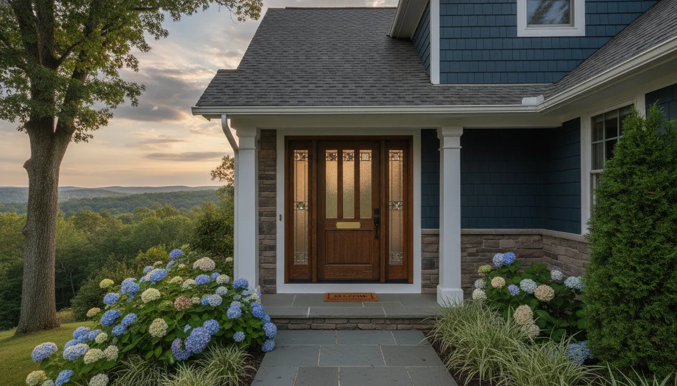Beautiful craftsman style front entry door with glass side panes installed on a New Jersey home