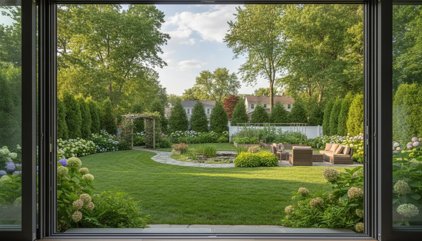 Modern white sliding glass patio doors showing a scenic backyard view in a South Jersey residence
