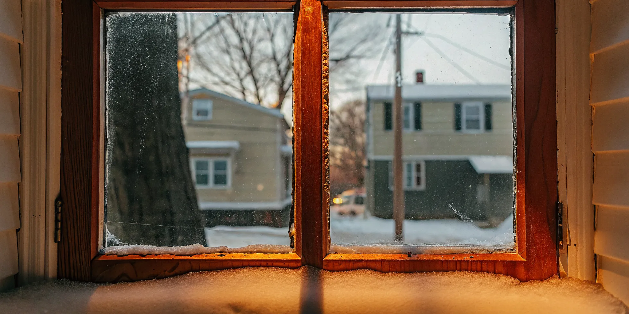 Old drafty basement window with visible gaps and frost buildup in a South Jersey home during winter