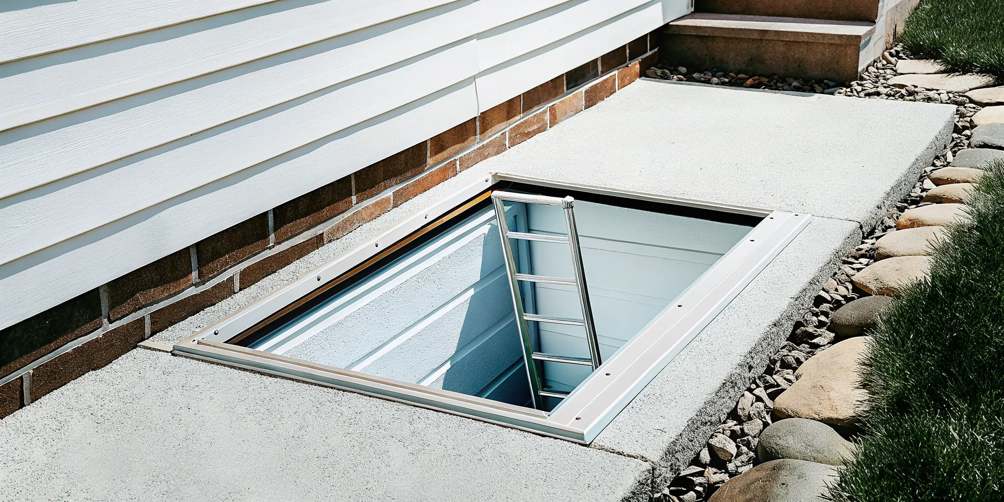 Exterior egress window well with integrated ladder and clean stone drainage base