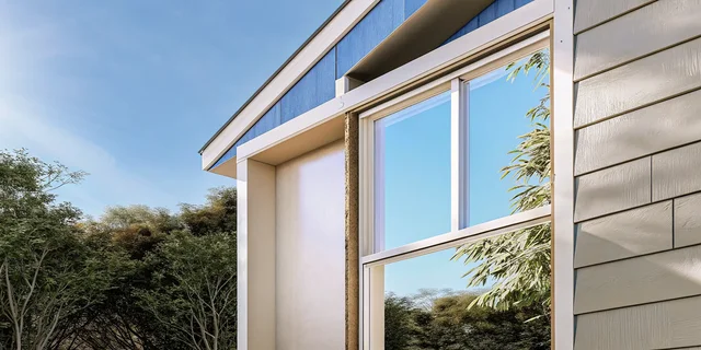 Cosello Construction double-pane energy efficient window cross-section showing Low-E coating and argon gas fill layers