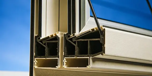 Cosello Construction vinyl replacement window close-up showing multi-chamber frame design for energy efficiency