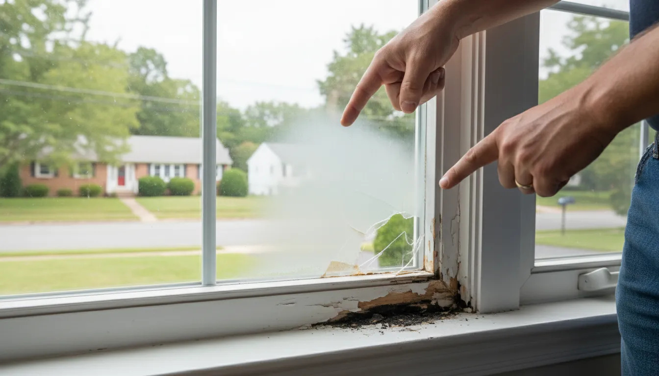 Fogged glass and frame damage that may require window replacement