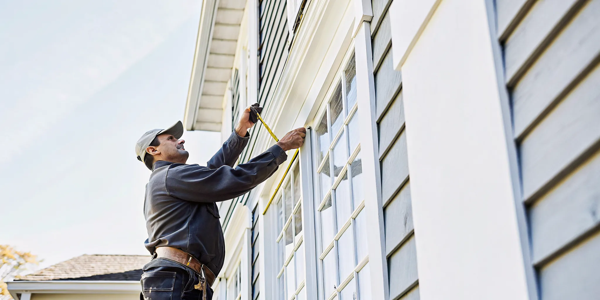 Professional window installer measuring a window frame on a South Jersey home exterior