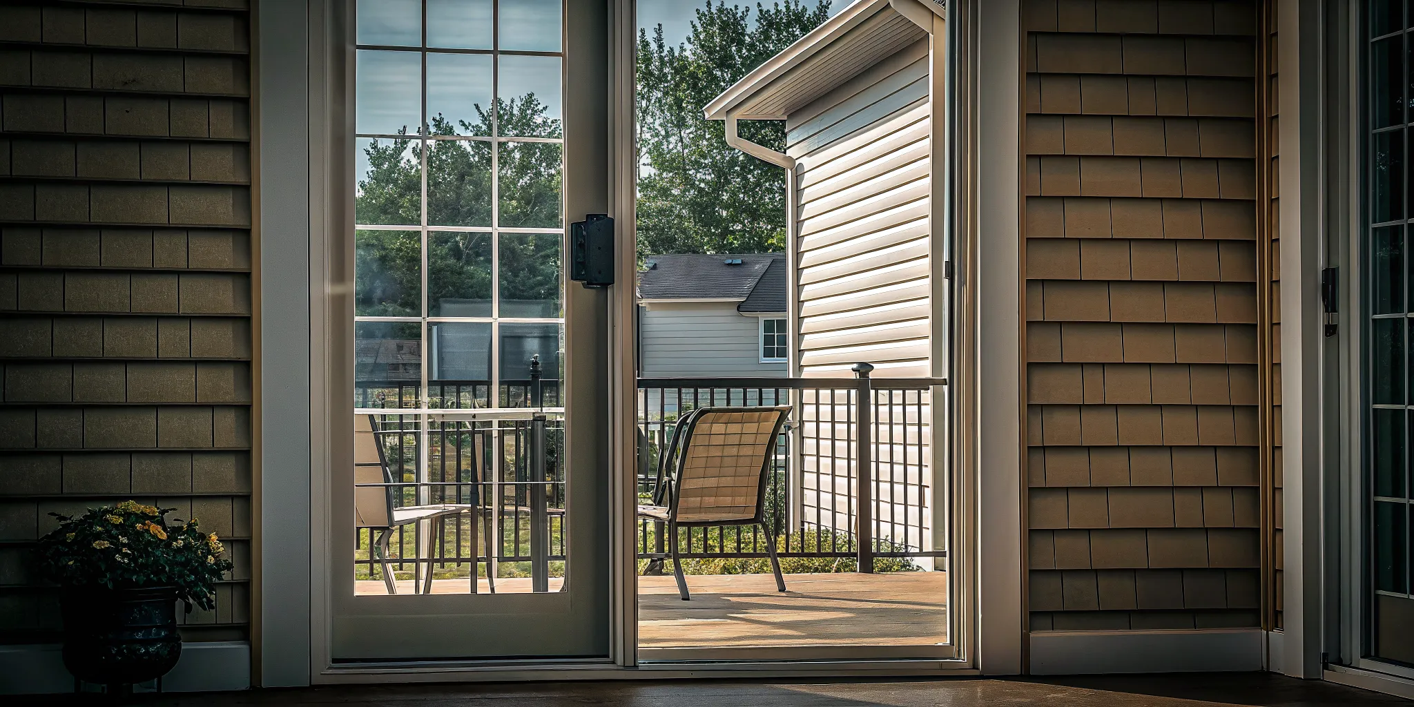 Sliding patio door track and frame during a security inspection