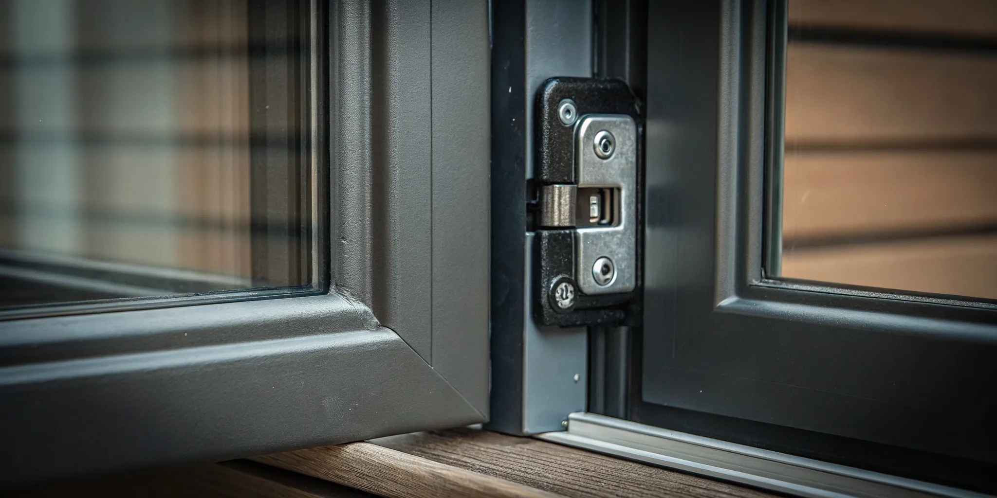 Close-up of a sliding patio door lock and reinforced frame