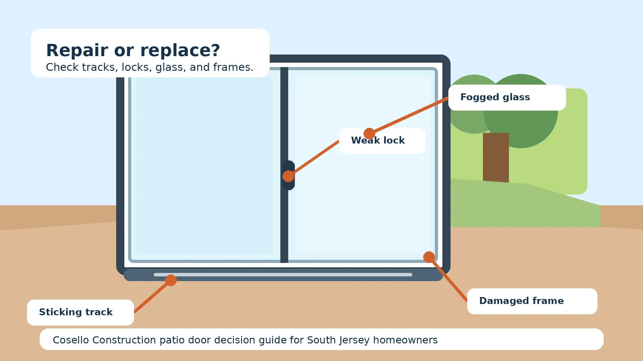 Sliding patio door repair vs replacement inspection points for tracks locks glass and frames