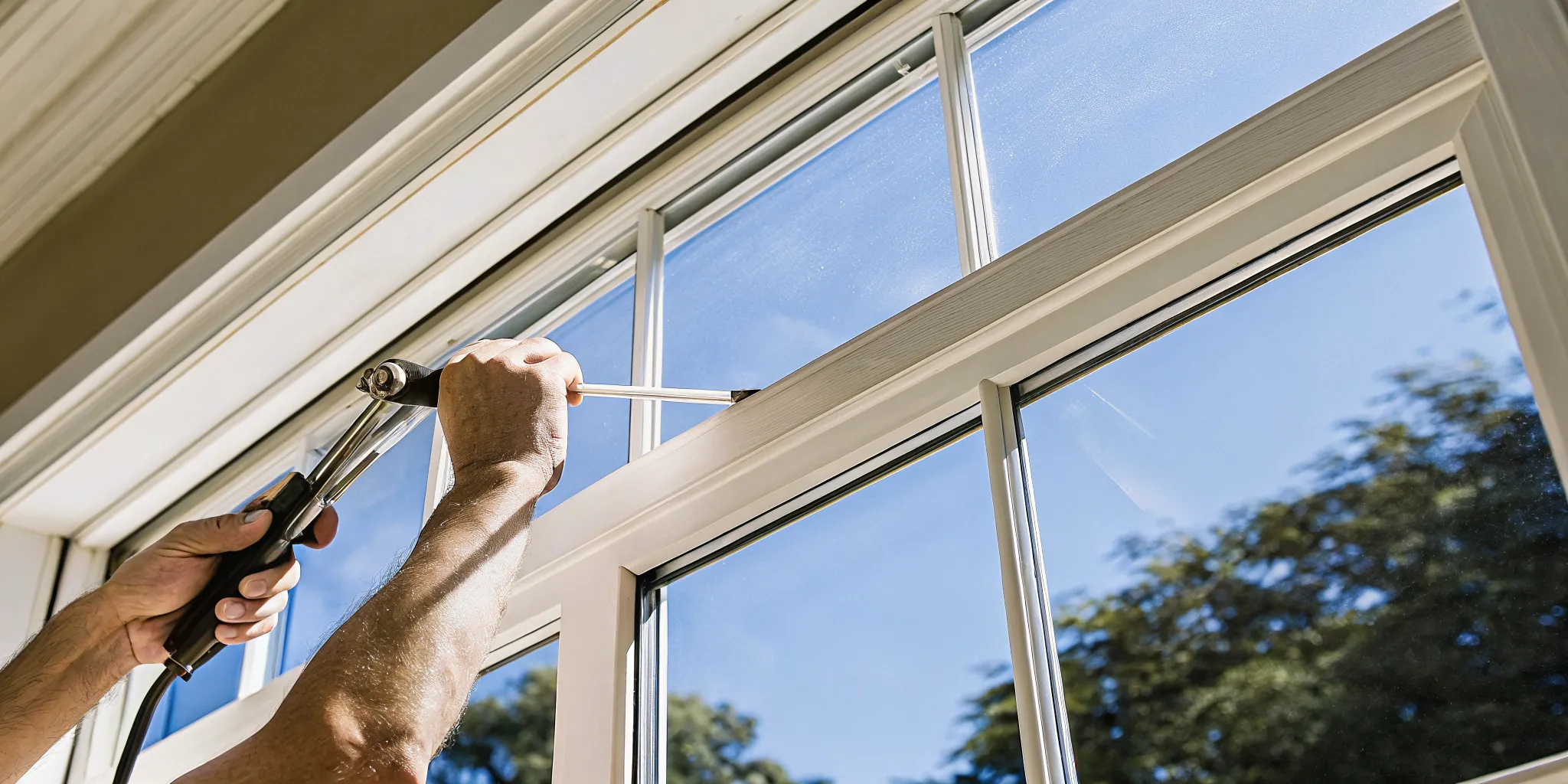 Window professional inspecting the seal and frame around foggy windows NJ homeowners report