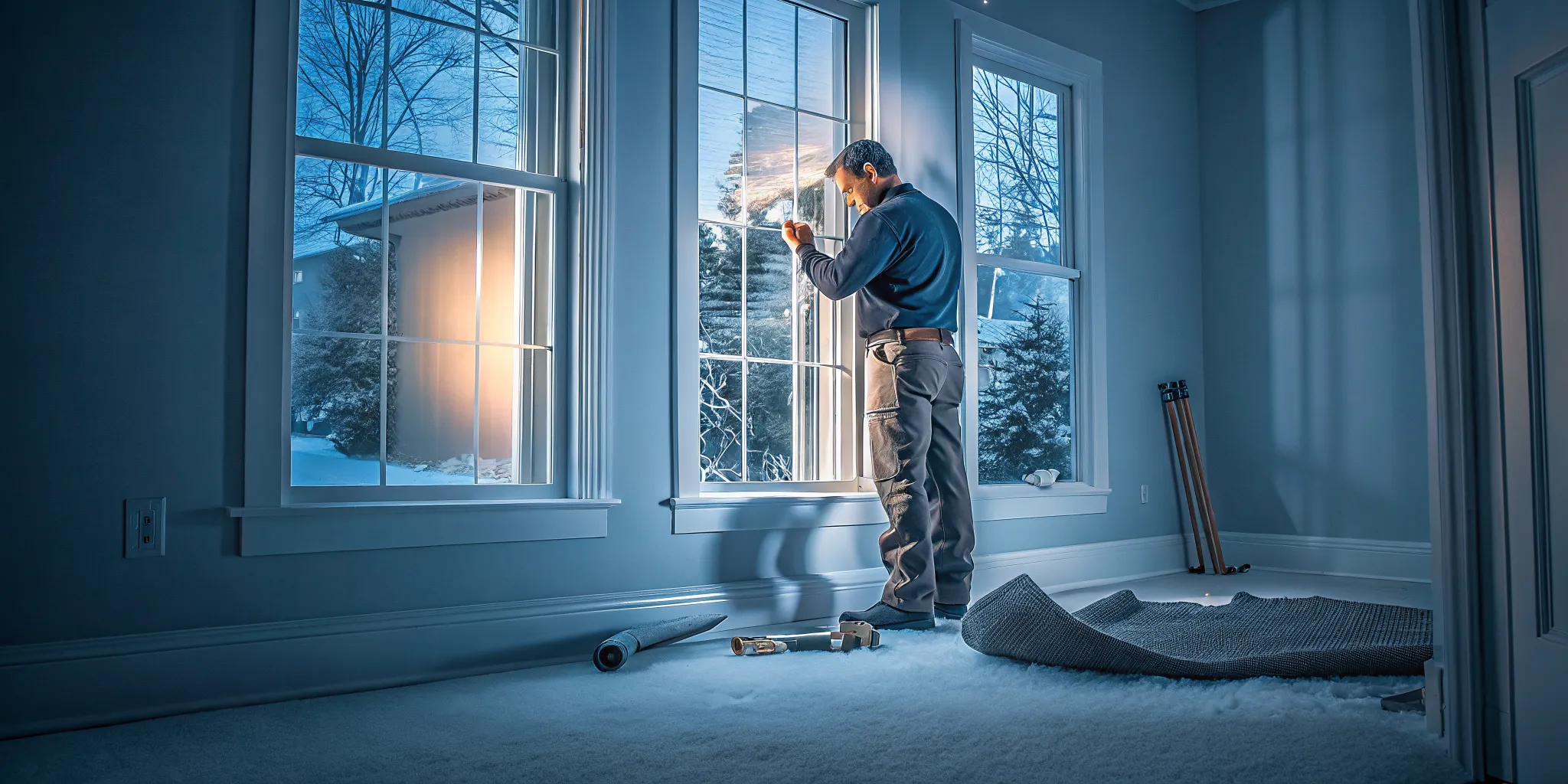 Professional inspecting a replacement window after a winter installation in New Jersey